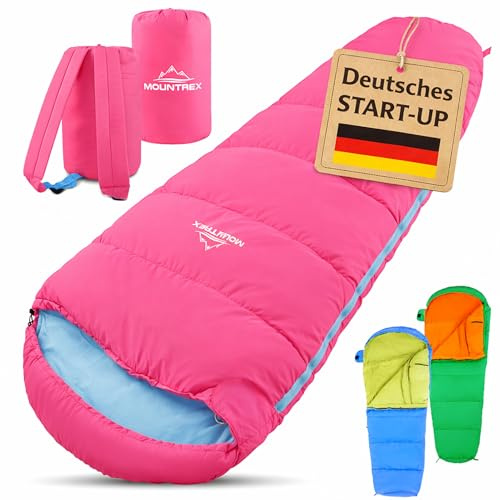 MOUNTREX Kinderschlafsack 5°C / 15°C – 100 % Baumwolle Innenfutter – Schlafsack für Kinder 175×70 cm – Leicht & Kleines Packmaß, Tragbar wie EIN Rucksack – Ideal für Camping & Kindergarten