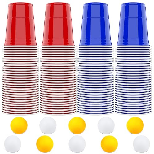 AOLUXLM 100 Plastikbecher Set +10 Ball, Red Cups 473ml 16oz Becher, Mehrwegbecher Partybecher für Geburtstagsfeier Party, Hochzeit im Freien, Camping, Hochzeit