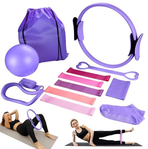 Jellybibo 13-teiliges Pilates-Ring-Set, inkl. Pilates-Ring, Yoga-Ball, Fitnessband, Spannungsring, Massagering, passend für Home-Gym-Fitnessgeräte