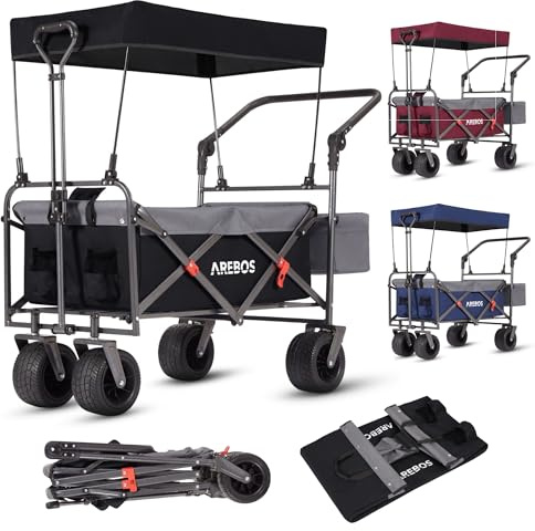 Arebos Bollerwagen faltbar mit Dach | Luxus Handwagen | Faltwagen | Transportwagen | XXL Tasche | klappbar | bis 100 kg | Gerätewagen | 360° Vorderräder | Schwarz