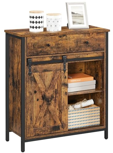 VASAGLE Sideboard, KÜchenschrank, Aufbewahrungsschrank, mit SchiebetÜr, 30 x 70 x 80 cm, verstellbare Ablage, Landhausstil, fÜr Wohnzimmer, vintagebraun-schwarz LSC100B01