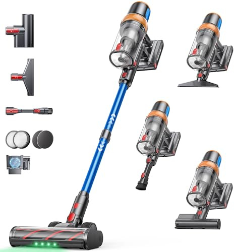 Akku Staubsauger 600W/50KPA/65Min,Selbststehender Staubsauger Kabellos mit Matratzenreinigungsbürste,Automatikmodus,Wandladestation,Duftfunktion,Mehrstufige Filtration für Teppiche/Hartböden/Auto