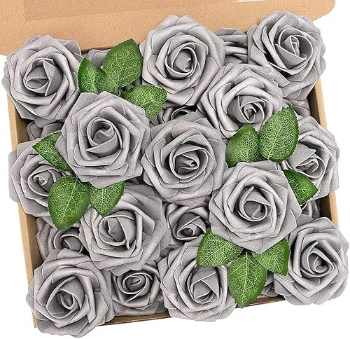 N&T NIETING Künstliche Rosen Blume, 25 Stück Schaumrosen Fake Rosen mit Stielen für Hochzeit Blumensträuße Braut Babydusche Party Zuhause Dekoration, Silbrig
