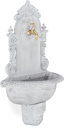 Relaxdays XL Wandbrunnen antik, mit Wasserhahn, nostalgisch, Waschbecken Garten, Aluguss, HBT 75 x 44 x 22 cm, weiß