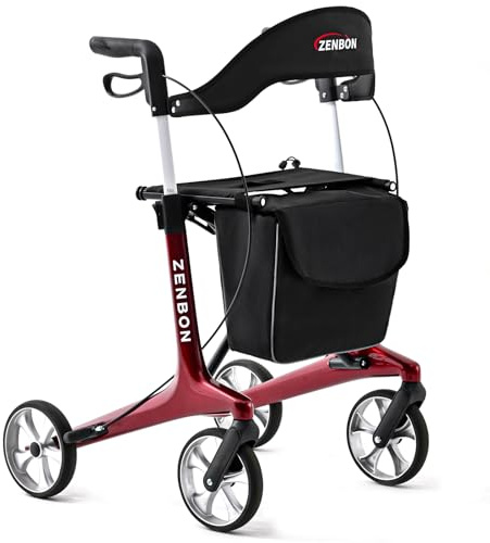 Carbon Rollator Ultraleicht Klappbar: Rollator Faltbar und Leicht mit Sitz Wohnungsrollator Faltbarer für Senioren -Rollatoren für Kofferraum Reise und Flug (Rot)