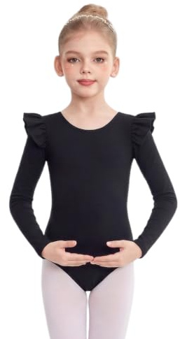 Arshiner Mädchen Einfarbig Gymnastikanzug Flatterärmel Turnanzug Kinder Langarm Gymnastik Ballett Trikot Klassisch Tanzender Leotard Gymnastik Outfit für Mädchen Schwarz 140 5-6 Jahre