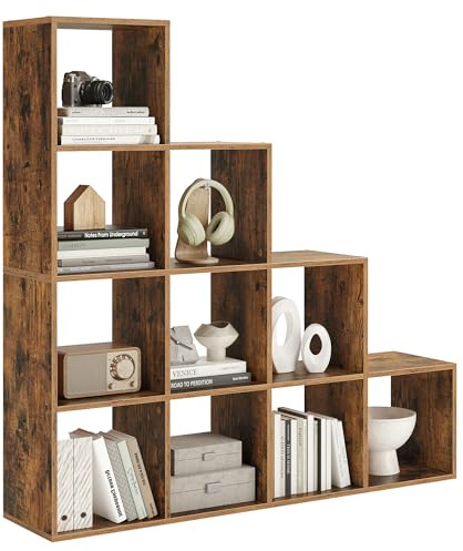 VASAGLE Treppenregal, Bücherregal, mit 10 Würfeln, freistehend | Stufenregal, Standregal, Raumteiler, Büro, Wohnzimmer, Schlafzimmer, Vintagebraun, CUSTOS Kollektion LBC10BX