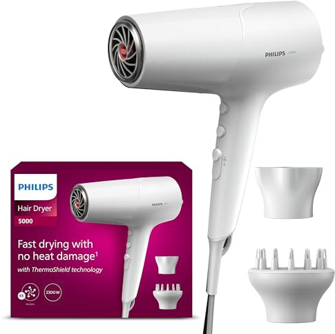 Philips Haartrockner 5000 Series, ThermoShield Technologie, Ionisierungsfunktion, 2.100 W, Weiß, mit Stylingdüse und Volumendiffusor, Modell BHD500/20