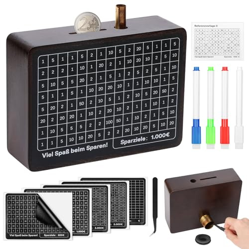 selizo Selizo Spardose Holz,Sparbox mit Zahlen Ankreuzen,Sparbox with Ziel,Spardose mit zähler Zum Ankreuzen,Sparschwein mit Sparziel,Spardose €500 €1,000 €2,000 €3,000 €5,000 Euro Keine Montage