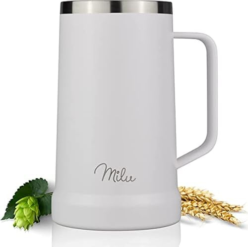 Milu Bierkrug Edelstahl isoliert | Bierglas mit Deckel | Thermobecher mit Henkel | Bier Geschenk für Männer, Papa | hält 7 Stunden kalt (700ml, Weiß)