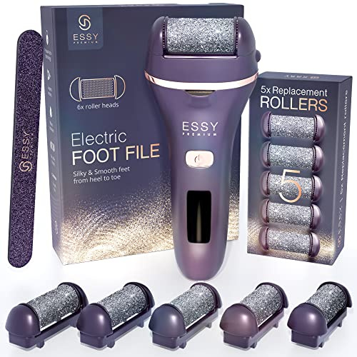 Essy Hornhautentferner Elektrisch Wiederaufladbar mit 5 Ersatzrollen für seidig weiche Füße, Akku Fußpflege Set Damen Herren mit Druckschutz, 2 Geschwindigkeiten, LED-Display, Pediküre Set, (Violett)
