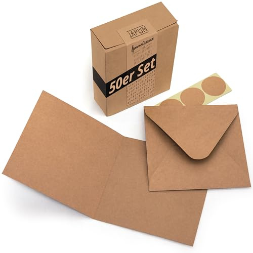 Japun - 50er Set quadratische blanko Falt-Karten inkl. Briefumschläge, Klapp-Karten zum gestalten, beschriften oder bedrucken - braun