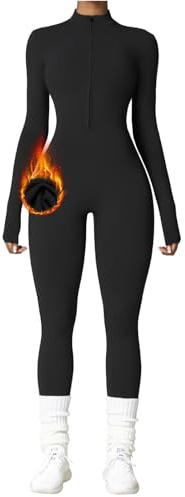 OEAK Damen Sport Jumpsuit Lang Eng Yoga Overall Langarm Rollkragen Playsuits mit Reißverschluss Nahtloser Fleece gefüttert Bodysuit Einteiler Romper,Schwarz,L