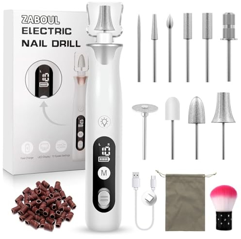 Maniküre/Pedikure Set elektrisch, Nagelfelile, Nagelfräser und Hornhautentfemer mit 10 Aufsatze zur Nagelpflege, mit 10 Geschwindigkeiten, LED Licht, Aufbewahrungstasche
