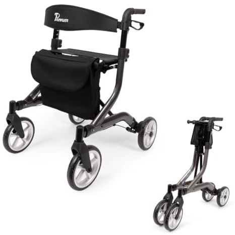 Parvum SuperLight Rollator – ultraleicht (5,1 kg), Aluminium, faltbar, (74 × 64 cm), mit Sitz und Rückenlehne, versteckten Bremskabeln – ideal für Alltag & Reise - Gehhilfe für Senioren - Anthrazit