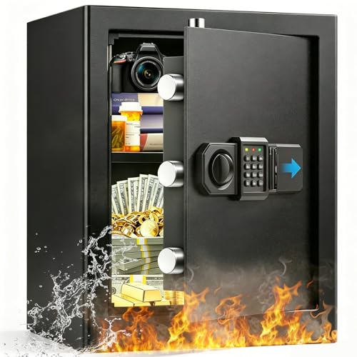 50L Groß Safe Tresor Feuerfest für Zuhause, Digitaler Tresore mit Schlüssel, Sensor-Licht und Abnehmbares Regal, Anti-Diebstahl Safe Tresore für Geld, Dokument, Medizin