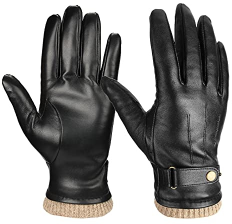 OZERO Lederhandschuhe Herren Touchscreen Schafsleder Gefüttert | Winddicht Wasserabweisend Wolle Warm im Winter für Alltag Auto Fahrrad und Anzug in Schwarz oder Braun