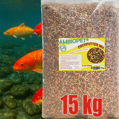 Ambiopet Koifutter, 4 Sorten Mix, schwimmende 6mm Pellets im 15kg Beutel zur ganzjährigen täglichen Fütterung mit Weizenkeimen, Paprika, Spirulina sowie Ölen