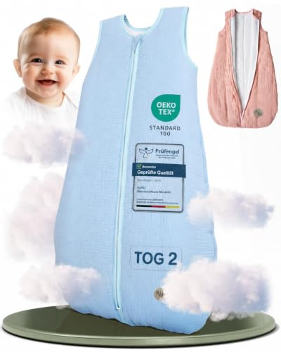 KUNU® Baby Schlafsack 2 Tog - 60cm weicher Bio Musselin Schlafsack Baby bis ca. 3 Monate - Hautfreundlicher Babyschlafsack Neugeborene für das ganze Jahr - Pflegeleichter Ganzjahresschlafsack