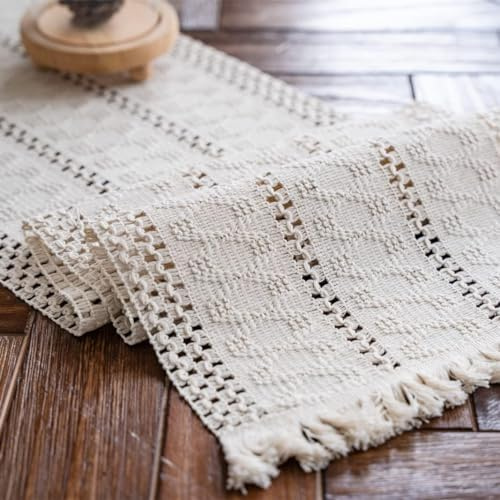 Weldomcor Beige Makramee Tischläufer Boho Baumwollflachs Tischläufer mit Quasten, Rechteckige Häkelspitze Mesh Tischdecke für Küche Vintage Bauernhaus böhmische Hochzeit Tabletop Dekor, 30x120cm