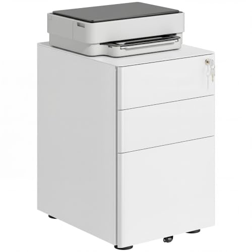 Vinsetto Rollcontainer mit 3 Schubladen abschließbar 39 x 48 x 59 cm Weiß | Mobiler Aktenschrank mit Rollen, Büroschrank mit Hängeregistratur, Stiftfach, Bürocontainer für Büro, Homeoffice