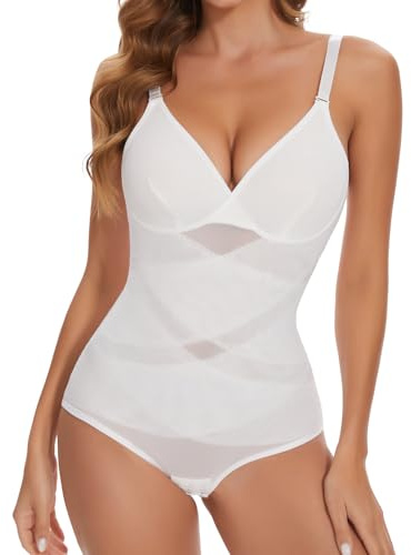 Joyshaper Shapewear Damen Body Shaper Bauchweg Formende Bodys Shape V-Ausschnitt Miederbody Figurformende Tops mit BH Weiß,L
