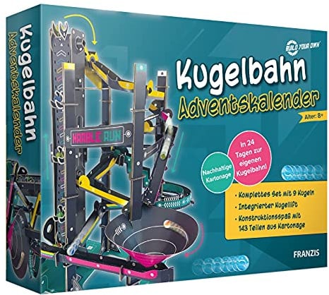 FRANZIS 67300 - Kugelbahn Adventskalender, in 24 Tagen zur eigenen Kugelbahn, Bastelset aus Kartonage, inkl. 9 Kugeln, für Kinder ab 8 Jahren