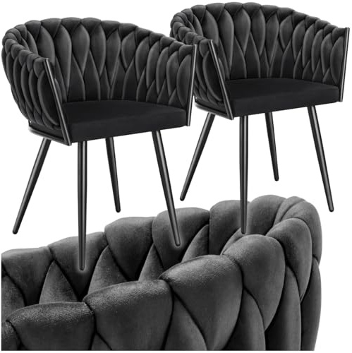 tectake® Samt Stuhl, Schalenstuhl mit Armlehne in Knoten Optik, Esszimmerstühle, Sessel modern für Wohnzimmer, Esszimmer, als Küchenstühle, für Schminktisch, Dining Chair Set - schwarz, 2er Set