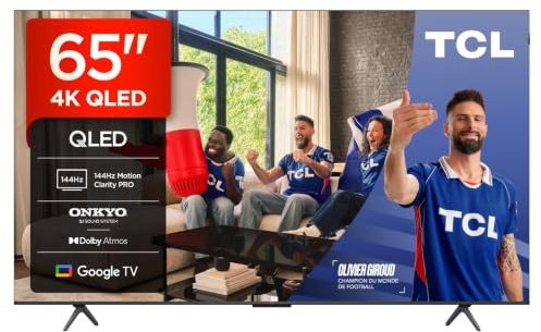 TCL 65T8C 65 Zoll QLED 4K HDR UHD Fernseher, Smart Google TV Dolby Vision & Atmos, 144Hz Motion Clarity Pro, Game Bar, ALLM, FreeSync, Onkyo 2.1 Sound, Sprachsteuerung, Kompatibel mit Google Assistant