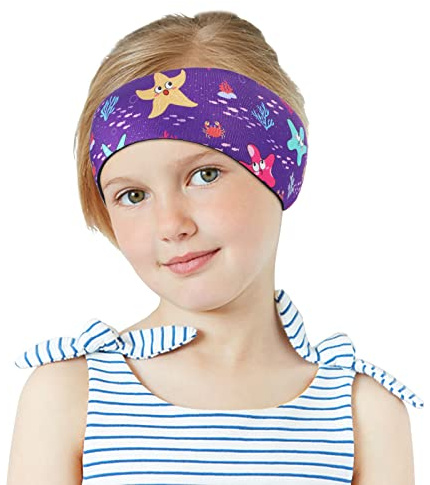 MoKo Schwimmen Stirnband, Neopren Schwimmband Ohrenband Wasserdichtes Kopfband Haarband mit Hohe Elastizität und Klettverschluss Ohrenschutz Band für Kinder Alter 3-9, M Größe - Lila&Seestern