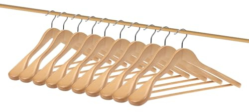Kleiderbügel Holz 10 Stück – Breite Schulterbügel aus Naturholz, rutschfest & Stabil mit Hosenstange und 360° Drehbarem Haken, Anzugbügel für Jacken, Hemden & Mäntel