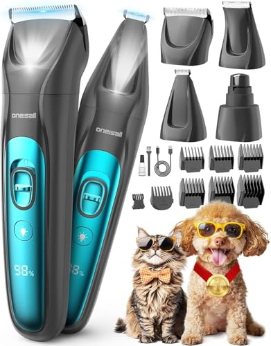oneisall 4in1 Leise Schermaschine Hund Katze mit LED-Licht, Tierhaarpflege zum Hundeschermaschine & Pfotentrimmer & Krallenschleifer, 2000mAh Wiederaufladbar Hundehaarschneidemaschine
