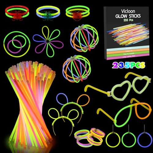Vicloon Knicklichter Party Set, mit 100 Stück Leuchtstäbe und 135 Verbinder | 7 Tolle Farben Knicklichter Kinder, Brillen, Ohrringe, Zubehör, für Halloween, Party Deko, Festival, Hochzeiten, Weihnacht