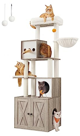 Feandrea Kratzbaum, Katzenbaum mit Katzenklo-Schrank, 178 cm hoch, Katzenkratzbaum, Kratzsäule, Plattform, waschbares Kissen, Greige PCT116G01