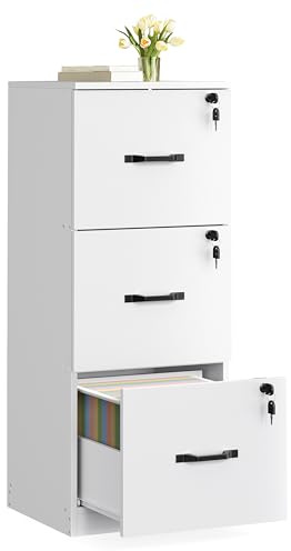 VASAGLE Aktenschrank, Büroschrank für Homeoffice, Druckerständer, mit 3 abschließbaren Schubladen, verstellbare Hängestangen, für A4- und Letter-Formate, wolkenweiß OFC055W14