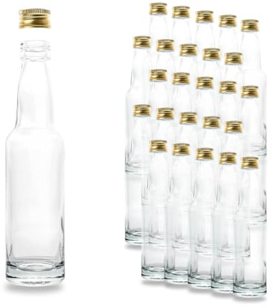 Flaschenbauer - 25x kleine Glasflaschen 100ml mit Schraubverschluss Gold PP22 - Glasflasche zum Selbstbefüllen - Saftflaschen, Sirupflasche, Schnapsflasche, Ölflaschen, Likörflasche - Made in Germany