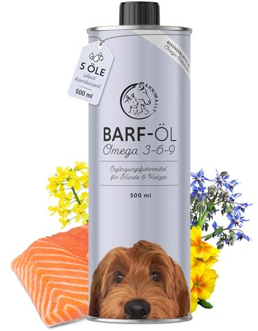 Barf Öl für Hunde 500ml Barföl mit Omega 3-6-9 aus: Lachsöl, Rapsöl, Hanfsamenöl & Borretschöl - Futteröl für Hund als Futter Topping (Barf Zusatz)