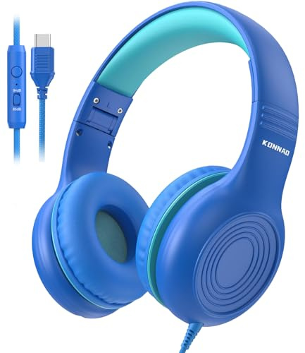 KONNAO Upgrade USB Typ C Kinder-Kopfhörer, kabelgebundene Kopfhörer für Kinder mit Mikrofon für Jungen und Mädchen, einstellbare Lautstärke von 85 dB/94 dB (Marineblau/Blau)