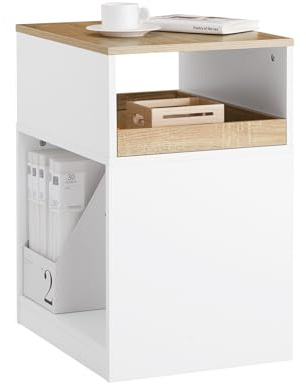 SoBuy Rollcontainer mit 3 Fächern, Versteckte Rollen, 40x65x50cm Büro | Druckertisch mit Rollen für Drucker, Büro Beistelltisch mit herausnehmbarer Schublade und Stauraum, Weiß-Natur, ASK08-WN
