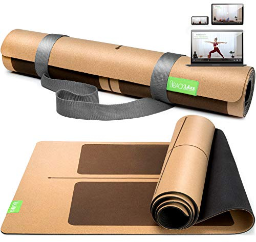 BACKLAXX® Yogamatte Kork mit Naturkautschuk | FAZ Testsieger 05/2026 | Yoga Matte Kork nachhaltig | schadstofffrei | Yogamatte Kautschuk | Fitnessmatte mit Anti-Rutsch-Zonen | inkl. Tragegurt