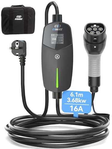 EVDANCE Typ 2 Ladekabel Schuko für Elektroauto 3,68kW[1-phasig, 6.1m, 6-16A] Ladekabel Elektroauto Typ 2 Schuko für Elektroauto & Hybrid(PHEV/EV) - Schwarz