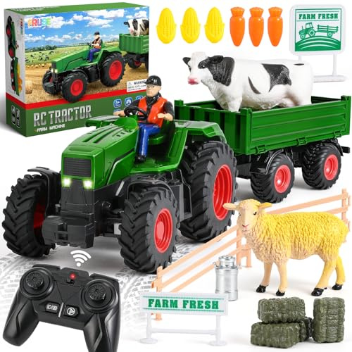 FRUSE Ferngesteuerter Traktor Spielzeug, 2,4 GHz RC Traktor mit Anhänger, 2 Wiederaufladbaren Batterien und Licht, Bauernhof Spielzeug mit Kühen und Schafen,Geschenk für Kinder ab 3 4 5 6 7 Jahre