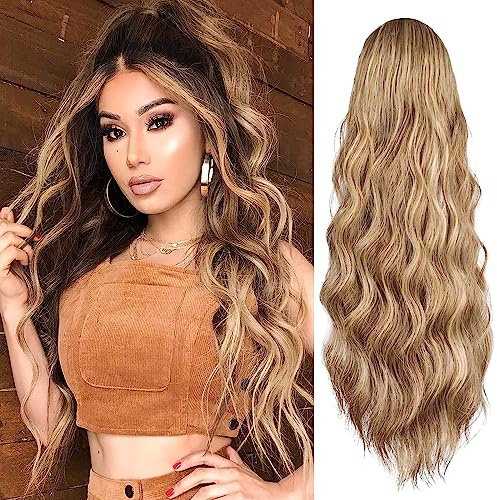 YEESHEDO Langer gewellter Pferdeschwanz-Haarverlängerung für schwarze Frauen mit Kordelzug, Pferdeschwanz-Haarverlängerung, Clip in schwarz, lockiges synthetisches Haarteil (Blond Braun)