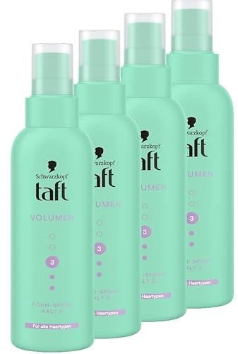 Schwarzkopf Taft Föhn-Spray Volumen (4x 150ml), Haltegrad 3, Föhnspray für alle Haartypen, Volumenspray, vegane Formel*