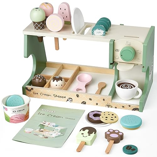 medoga Holz-Eiscreme-Spielzeug, 3-in-1 Eiscremezähler mit Kaffeemaschine, 28 Stück, Kleinkinderspiel, Küchenzubehör, Holzspielzeug für 3, 4, 5, 6 Jahre, Mädchen oder Jungen (Eiscreme), (CT0001)