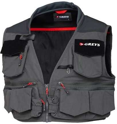 Greys Tail-Fliegen-Angelweste, atmungsaktive Angelweste für Fluss-, See- und Küstenangeln, mehrere Taschen für Fliegenboxen, Vorfächer und Zubehör, bequeme Passform