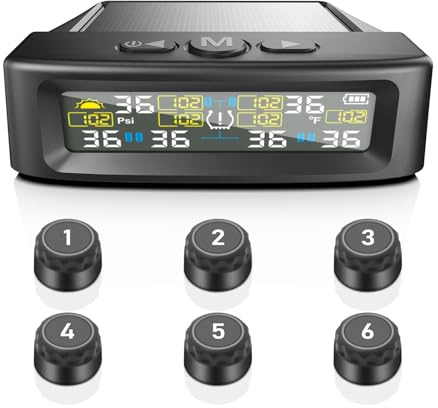 KAOLALI Reifendruckkontrollsystem TPMS Kabellose Solar 6 Räder Reifendrucküberwachung mit digitaler Anzeige, 9,9 Bar/144 PSI Max, Solar & USB Aufladung, für LKWs, Wohnwagen, Busse