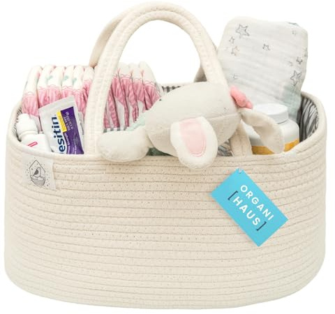 OrganiHaus Baby Organizer Korb, Aufbewahrungskorb für den Wickeltisch und das Kinderzimmer, Geschenke für Neugeborene & Baby Aufbewahrungskorb mit Fächern & Griffen, Off-Weiß
