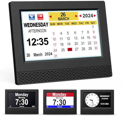 SENXINGYAN Digital Kalender Wecker, 7'' HD-Großbilddisplay Wecker, Mehrere Uhrmodi Seniorenuhr mit Datum und Wochentag, Automatisch Dimmbare für Senioren, Erwachsene und Alzheimer Patienten - Schwarz