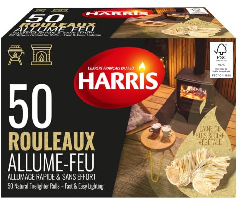 Harris - 50 Rollen Anzünder – 100% natürlich – Holzwolle & Wachs – schnelles Anzünden – hocheffizient – wiederverschließbare Kartonhülle – FSC-Holz 50 Stück
